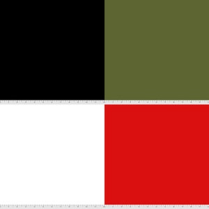 May include: A square image divided into four sections. The top left section is black, the top right section is olive green, the bottom left section is white, and the bottom right section is red.