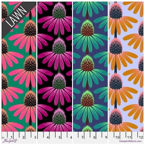 Puede incluir: Cuatro muestras de tela con un patrón floral repetido. Las flores tienen pétalos rosas, naranjas y verdes con centros oscuros. Los colores de fondo son verde azulado, negro, azul marino y azul claro. La palabra "LAWN" está en la esquina superior izquierda.