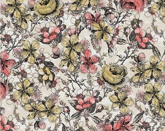 May include: A seamless pattern featuring a variety of flowers in shades of pink, yellow, and green. The flowers are drawn in a vintage style and are arranged on a light beige background.