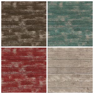 May include: Four different wood textures, each with a different color. The top left is a dark brown wood with a weathered look. The top right is a teal blue wood with a weathered look. The bottom left is a red wood with a weathered look. The bottom right is a light brown wood with a weathered look.