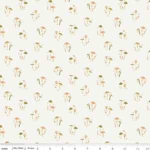 May include: A white fabric with a repeating pattern of pink and brown mushrooms. The mushrooms are of various sizes and shapes, and some have white spots.