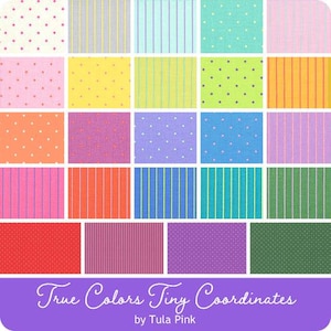 May include: A colorful fabric swatch collection featuring various patterns. The collection includes polka dots and stripes in a variety of colors, including pink, yellow, blue, green, and purple. The text "True Colors Tiny Coordinates by Tula Pink" is displayed at the bottom.
