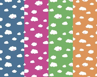 May include: Four fabric swatches with a repeating pattern of white clouds with pink hearts on a blue, pink, green, and orange background.