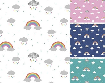 May include: Four different fabric designs featuring a repeating pattern of rainbows, clouds, and raindrops. The designs are on white, pink, blue, and teal backgrounds.