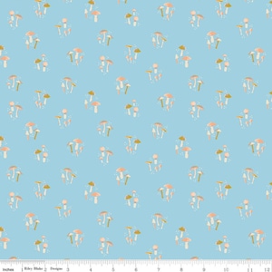 May include: A light blue fabric with a repeating pattern of pink and gold mushrooms. The mushrooms are of various sizes and shapes.