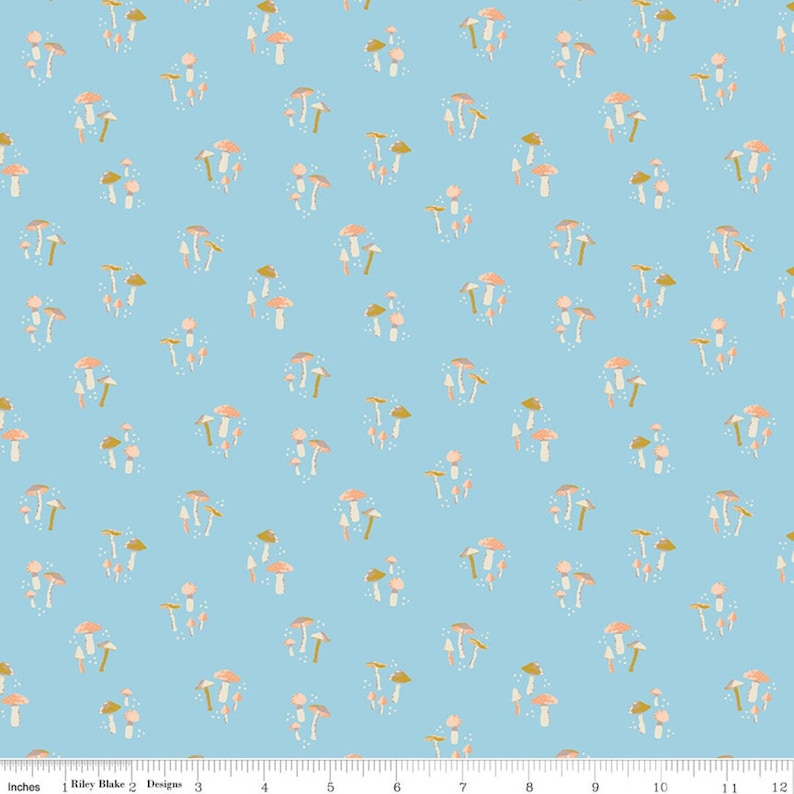 May include: A light blue fabric with a repeating pattern of pink and gold mushrooms. The mushrooms are of various sizes and shapes.