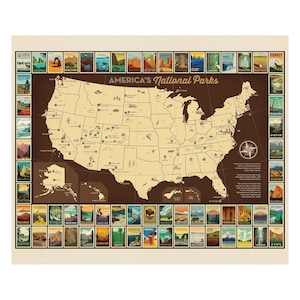 May include: A vintage-style map of the United States with a brown background and beige state outlines. The map shows the locations of all 63 National Parks in the United States. Each park is represented by a small, colorful icon. The map is titled "America's National Parks".