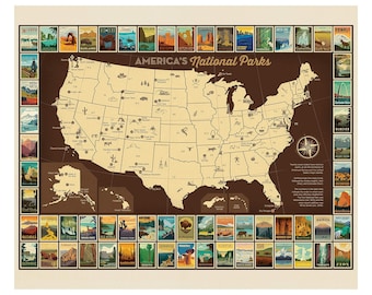 Puede incluir: Un mapa de los Estados Unidos de estilo vintage con fondo marrón y contornos de estados beige. El mapa muestra las ubicaciones de los 63 parques nacionales de los Estados Unidos. Cada parque está representado por un pequeño icono colorido. El mapa se titula "America's National Parks".