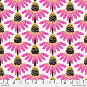 Könnte beinhalten: Ein nahtloses Muster mit stilisierten Echinacea-Blumen in Pink und Gelb auf weißem Hintergrund.