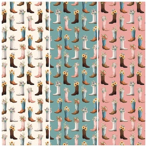 May include: A repeating pattern of cowboy boots in various colours, including brown, pink, white, and blue. Each boot is adorned with floral arrangements, featuring sunflowers and other flowers. The background colours vary across the image.