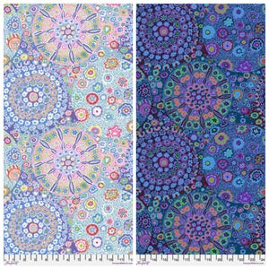 May include: Two fabric panels featuring floral patterns. One panel has a light blue background with pink, orange, and blue flowers. The other panel has a dark blue background with purple, green, and orange flowers. The patterns include large circular designs.