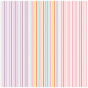 Puede incluir: Un patrón colorido de rayas verticales en tonos de morado, rosa, naranja, verde azulado y amarillo. Las rayas son de diferentes anchos y crean un diseño vibrante y texturizado. El fondo es blanco.