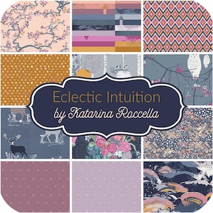 Puede incluir: Una colección de muestras de tela con varios patrones y colores. Los diseños incluyen motivos florales, geométricos e inspirados en la naturaleza. El texto "Eclectic Intuition by Katarina Roccella" se muestra sobre un fondo azul marino.