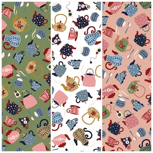 Könnte beinhalten: Drei vertikale Tafeln mit sich wiederholenden Mustern von Teekannen, Tassen, Zuckerdosen und Teebeuteln. Die Teekannen sind in verschiedenen Farben, darunter Rosa, Blau und Gold, mit floralen und geometrischen Designs. Die Hintergründe sind grün, weiß und rosa.
