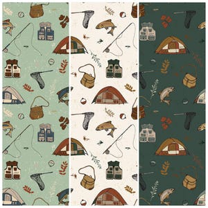 Può includere: Tre motivi senza cuciture con illustrazioni a tema pesca. Ogni motivo include canne da pesca, giubbotti, tende, pesci, reti e borse. Gli schemi di colore sono verde chiaro, crema e verde scuro, con un'estetica vintage strutturata.