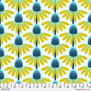 May include: A seamless fabric pattern featuring a repeating design of stylized yellow and green flowers with blue centers on a light blue background.