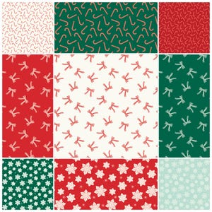 May include: Nine Christmas-themed patterns in a grid. The patterns include candy canes, bows, and snowflakes in red, green, and white. The patterns are suitable for holiday-themed crafts, wrapping paper, or fabric designs.