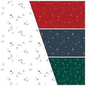May include: A collection of fabric swatches featuring a repeating pattern of small, colorful star-like shapes. The swatches are in white, red, navy blue, and dark green, with stars in various colors like pink, gold, and teal.