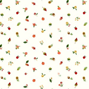 May include: A cream-coloured pattern with a repeating design of autumnal elements. The design includes small pumpkins, red apples, acorns, mushrooms, sunflowers, and various leaves and flowers in shades of red, orange, yellow, and green.