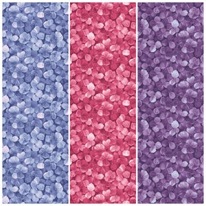 May include: Three vertical panels showcasing floral patterns. The left panel features a blue and white floral design, the center panel displays a pink floral pattern, and the right panel presents a purple floral design. The flowers are small and densely packed.