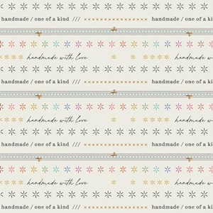 May include: A beige background with a repeating pattern of gray stars, colorful stars, and the text "handmade with love" and "handmade / one of a kind".