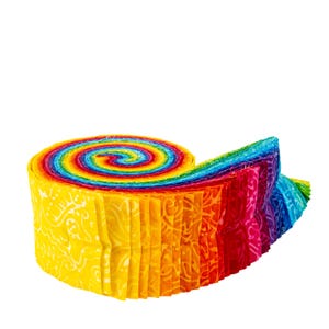 May include: A rolled bundle of fabric strips in a rainbow of colours, from yellow to blue. The fabric has a patterned design, ideal for quilting or craft projects. The roll is displayed against a white background.