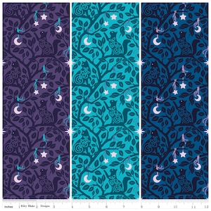 May include: Fabric panels with a repeating pattern of stylized squirrels, moons, and stars hanging from tree branches. The panels are in shades of purple, teal, and blue. The design includes Celtic knotwork details. The fabric is measured in inches.