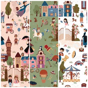 May include: A repeating pattern with illustrations of buildings, people, and animals. The design includes a carousel, hot air balloon, and figures with umbrellas. The colour scheme features pink, green, and blue.