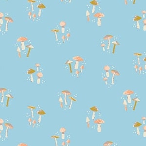 May include: A seamless pattern featuring clusters of pink and brown mushrooms on a light blue background. The mushrooms are of various sizes and shapes, with some having white spots.