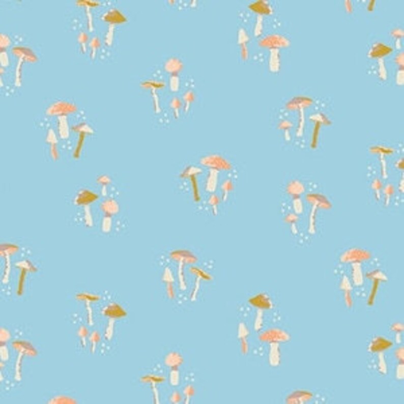 May include: A seamless pattern featuring clusters of pink and brown mushrooms on a light blue background. The mushrooms are of various sizes and shapes, with some having white spots.