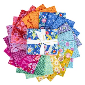 May include: A stack of square fabric swatches arranged in a circular fan pattern, tied with a white ribbon. The fabric pieces feature a variety of colorful floral, geometric, and botanical patterns in shades of red, orange, yellow, green, and blue.