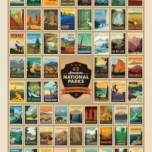 May include: A colorful poster featuring 63 American National Parks, each with a unique illustration and name. The poster is titled "63 American National Parks: Wilderness & Wonder".