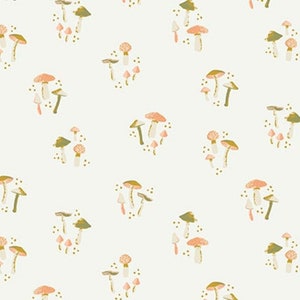 May include: A seamless pattern featuring a repeating design of pink and white mushrooms with green stems on a white background.
