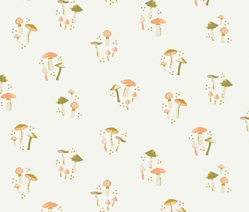 May include: A seamless pattern featuring a repeating design of pink and white mushrooms with green stems on a white background.