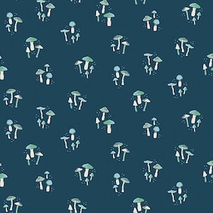 May include: A seamless pattern of blue and green mushrooms on a dark blue background. The mushrooms are arranged in a random pattern and are of varying sizes.