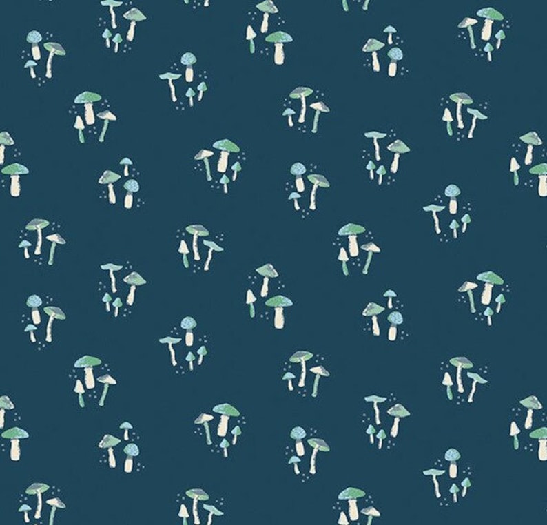 May include: A seamless pattern of blue and green mushrooms on a dark blue background. The mushrooms are arranged in a random pattern and are of varying sizes.