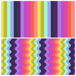 Pode incluir: Dois padrões coloridos. O padrão superior apresenta listras verticais em tons de amarelo, verde, azul, roxo, rosa, laranja e coral. O padrão inferior tem listras onduladas em cores semelhantes. Um design vibrante e atraente.