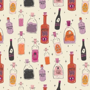 May include: A repeating pattern of potion bottles in various colors, including orange, pink, and black, with cork stoppers. The bottles have labels with text like "Vampire Blood" and "Spider Fang" on a cream background with star accents.