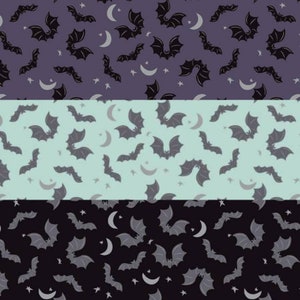 May include: Three seamless patterns featuring black bats flying against a background of stars and crescent moons. The patterns are on purple, light blue, and black backgrounds.