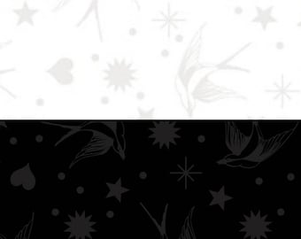 May include: A two-tone fabric design with a repeating pattern of swallows, stars, hearts, and dots. The top half is white with light grey elements, while the bottom half is black with dark grey elements. Suitable for various craft projects.