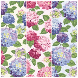 May include: A floral pattern featuring vibrant hydrangea blooms in shades of blue, purple, pink, and red, with green leaves. The flowers are arranged against a light background, creating a colorful and detailed design. The image is divided into three vertical panels.