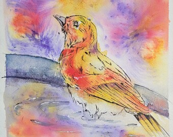 Serene Bath - Bird aquarel schilderij originele kunst