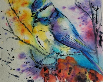 Levendige zangvogel - vogel aquarel schilderij originele kunst