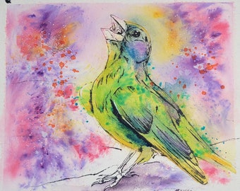 Vrolijk lied - Vogel aquarel schilderij originele kunst