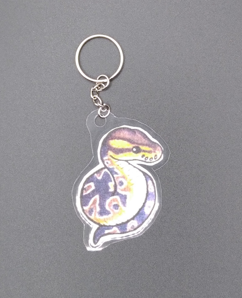 May include: A clear acrylic keychain featuring a cartoon illustration of a yellow, black, and blue snake with a white background.