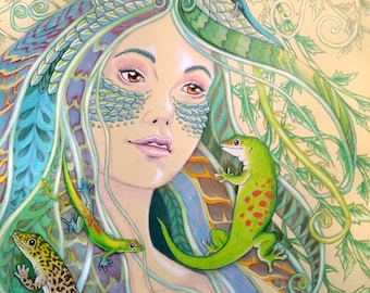 Gecko Lizard Fantasy Art Print - "Phelsuma"