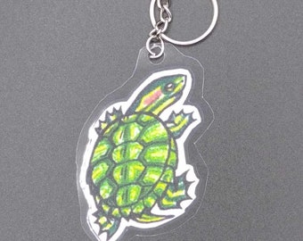 Red Eared Slider Keychain: Hand Drawn Laminated Turtle