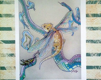 Bearded Dragon Fantasy Art Print - Dragonfly