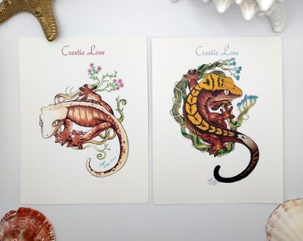 Crested Gecko Postcard Set: Harlequin Lizard Art