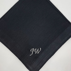 Black cotton Handkerchief, custom monogram , embroidered hanky, men's or womans wedding handkerchief, groomsmen gift image 1